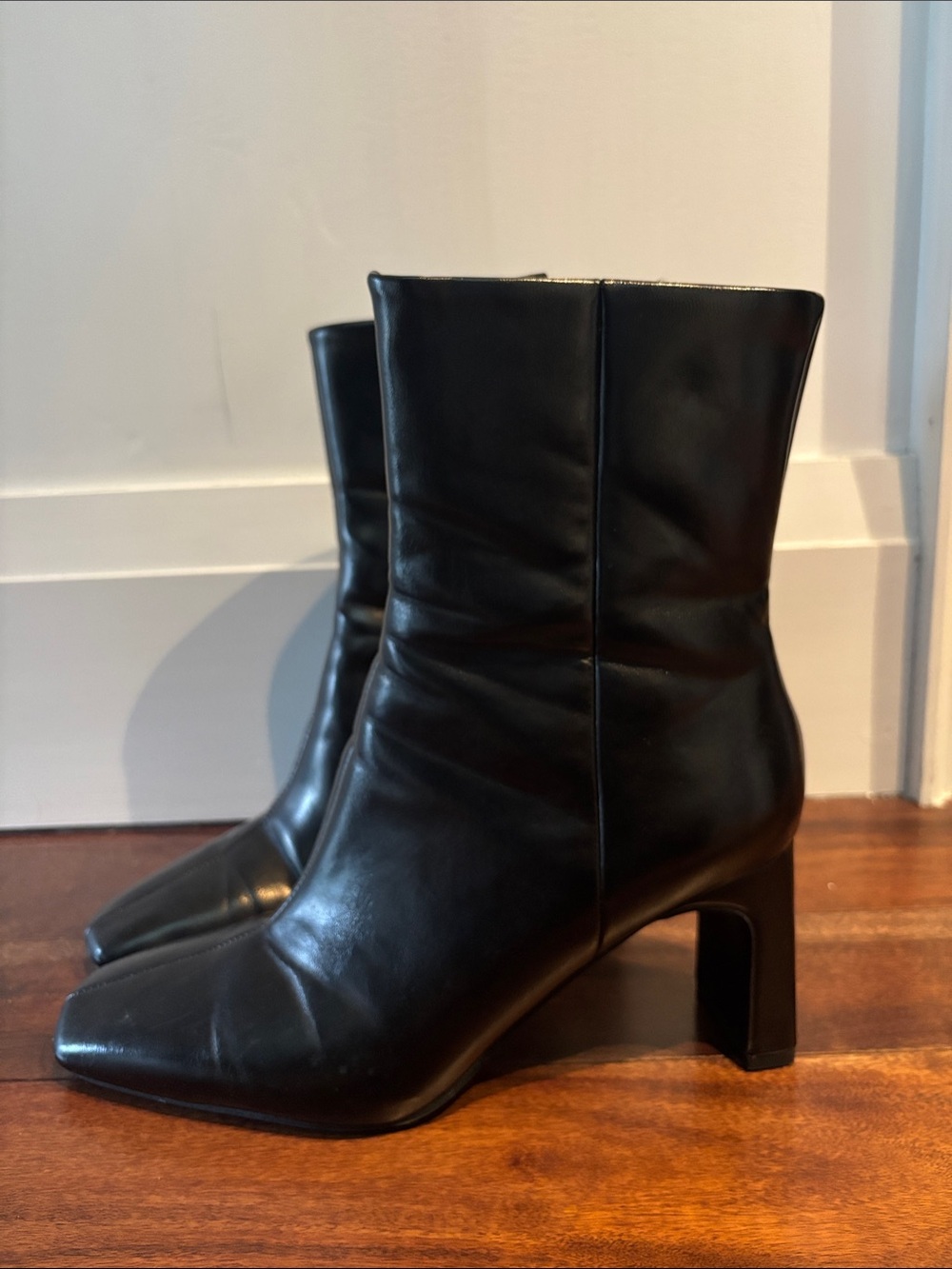 ASOS WIDE WIDTH 9 Black Leather Mid-Calf Block Heel Ankle Boots